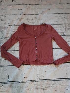 American Eagle Terracotta Rust Rib Crop Long Sleeve Button Down Top S